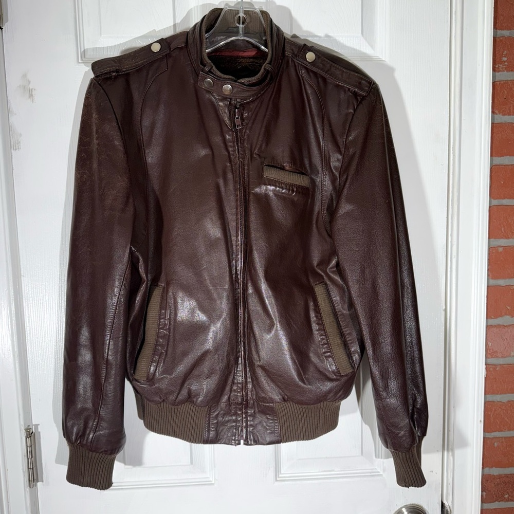 Christopher Street Brown Genuine Leather Bomber Jacket Mens S Detachable Lining